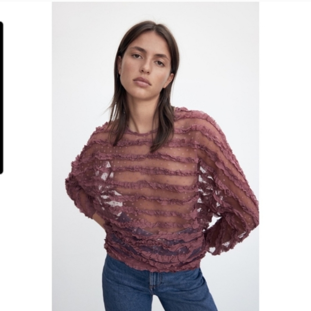 Zara small ruffled tulle blouse dark rose
